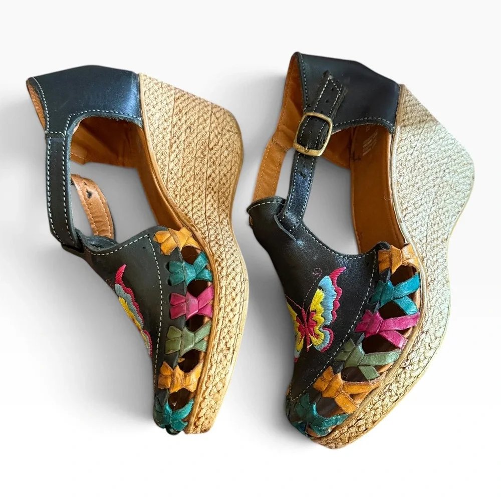 Huarache Wedge Sandals Womens 6 Black Butterfly Embroidered Boho